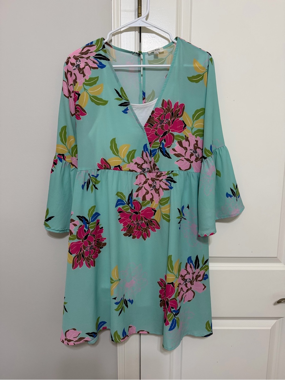 Umgee Aqua Floral V-Neck Mini Dress with Pink and Magenta Blooms